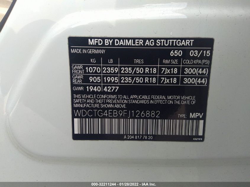 2015 MERCEDES-BENZ GLA-CLASS GLA 250 WDCTG4EB9FJ126882