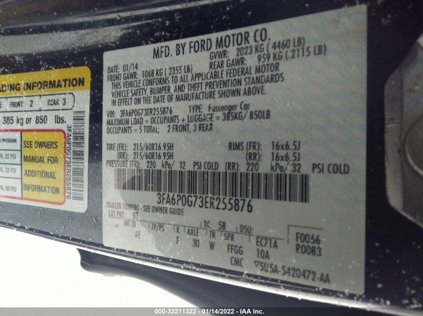 2014 FORD FUSION S 3FA6P0G73ER255876