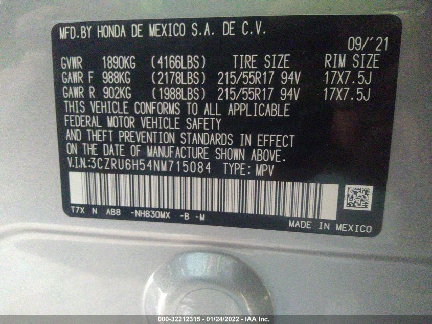 2022 HONDA HR-V EX 3CZRU6H54NM715084