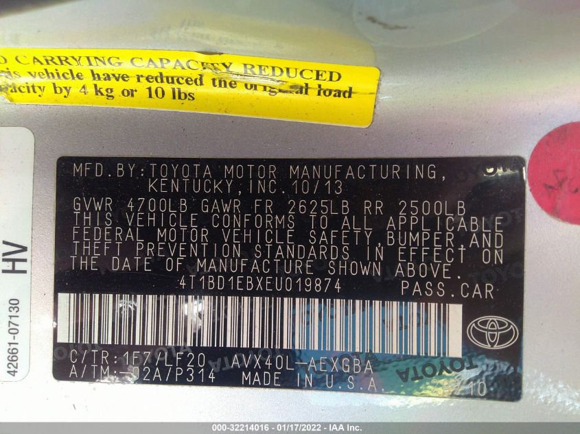 2014 TOYOTA AVALON HYBRID LIMITED/XLE TOURING 4T1BD1EBXEU019874