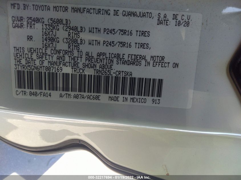 2021 TOYOTA TACOMA 2WD SR/SR5 3TYRX5GN6MT007169