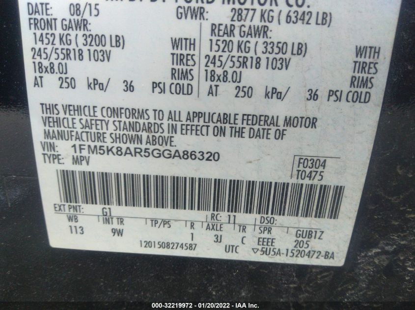 2016 FORD UTILITY POLICE 1FM5K8AR5GGA86320