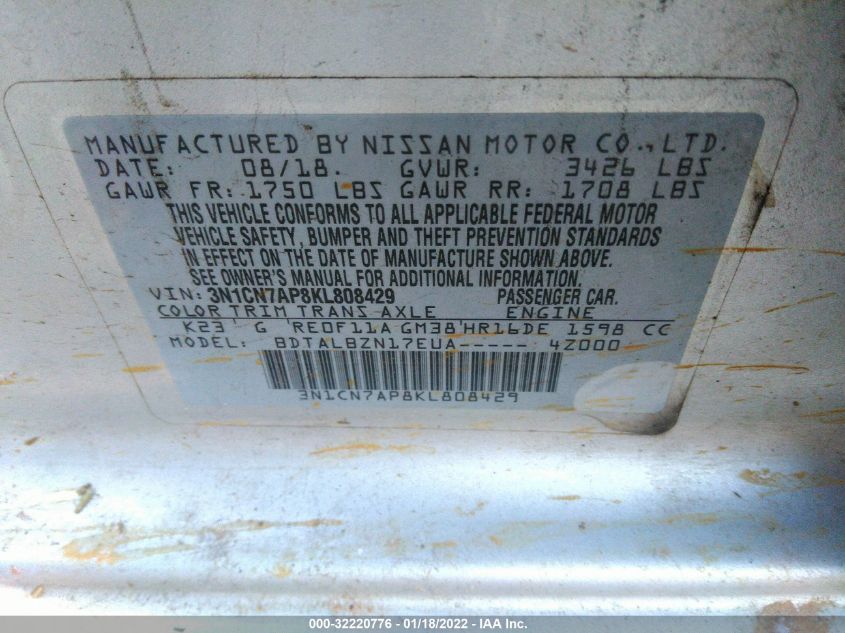 2019 NISSAN VERSA SEDAN SV 3N1CN7AP8KL808429