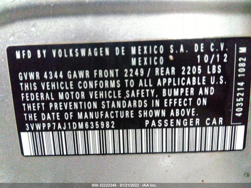 2013 VOLKSWAGEN JETTA SPORTWAGEN S 3VWPP7AJ1DM635982