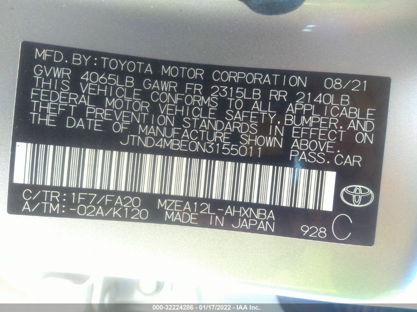 2022 TOYOTA COROLLA HATCHBACK SE/NIGHTSHADE/XSE JTND4MBE0N3155011