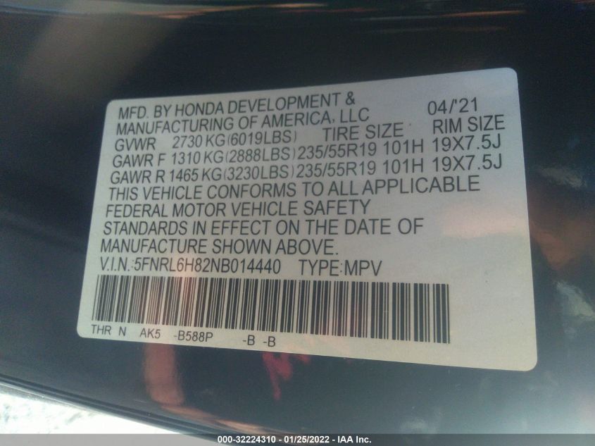 2022 HONDA ODYSSEY TOURING 5FNRL6H82NB014440