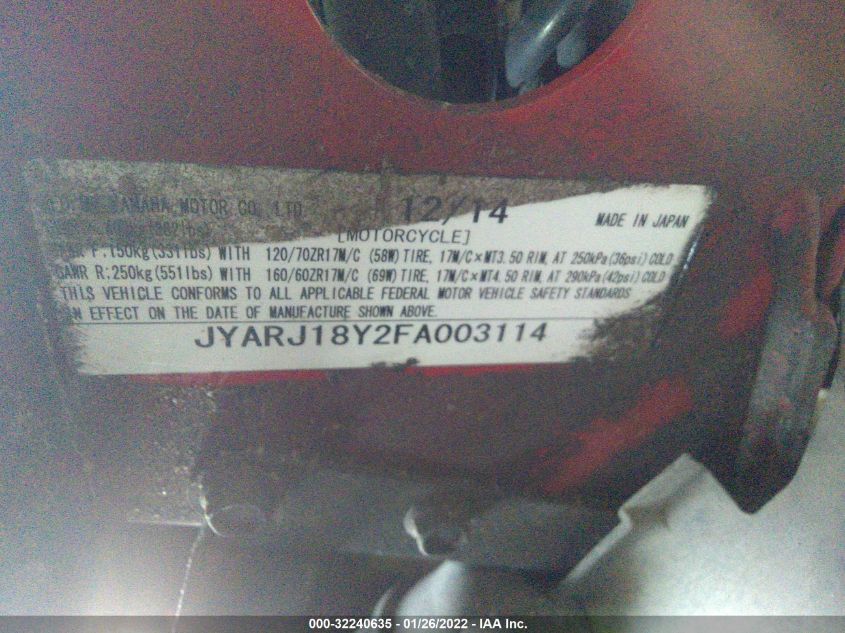 2015 YAMAHA FZ6 RC JYARJ18Y2FA003114