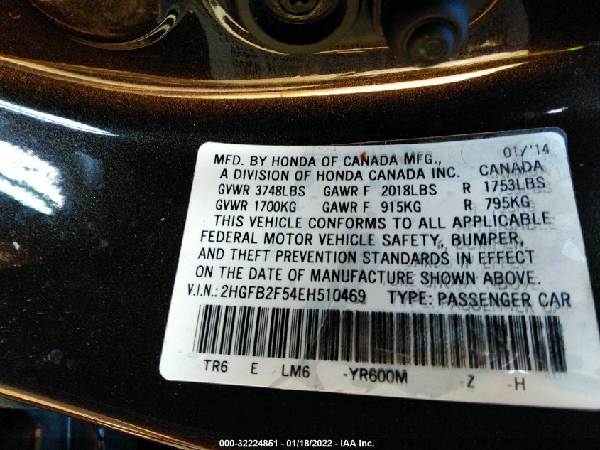 2014 HONDA CIVIC SEDAN LX 2HGFB2F54EH510469