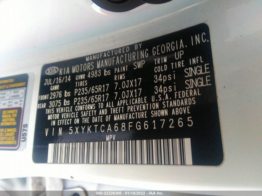 2015 KIA SORENTO LX 5XYKTCA68FG617265