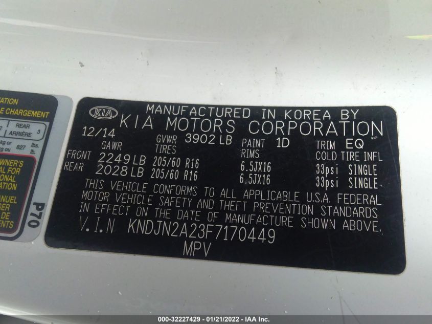 2015 KIA SOUL BASE KNDJN2A23F7170449