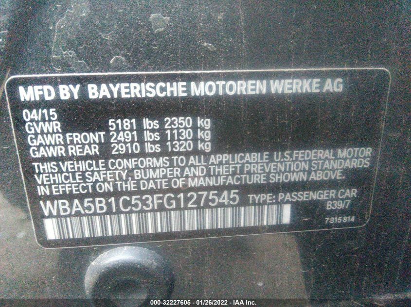 2015 BMW 5 SERIES 535I WBA5B1C53FG127545
