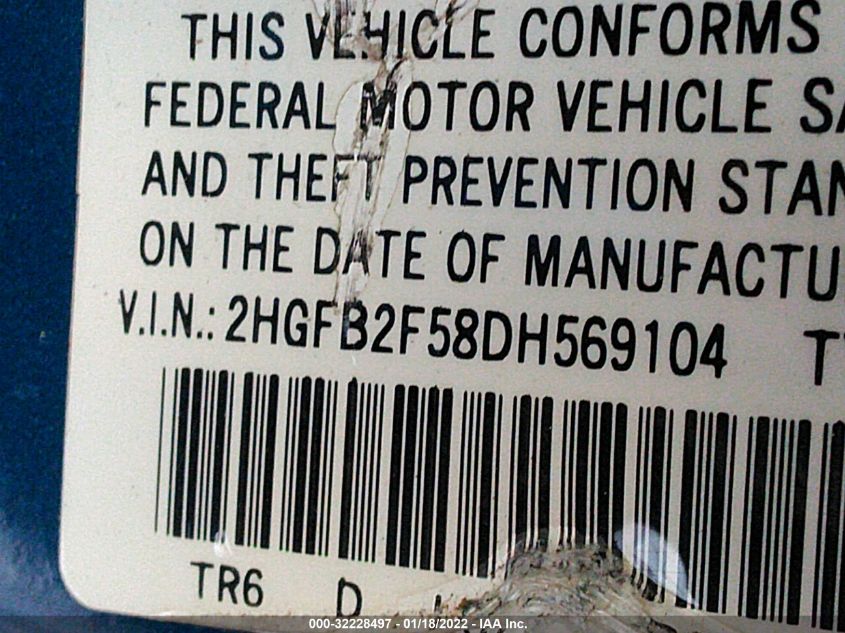 2013 HONDA CIVIC SDN LX 2HGFB2F58DH569104