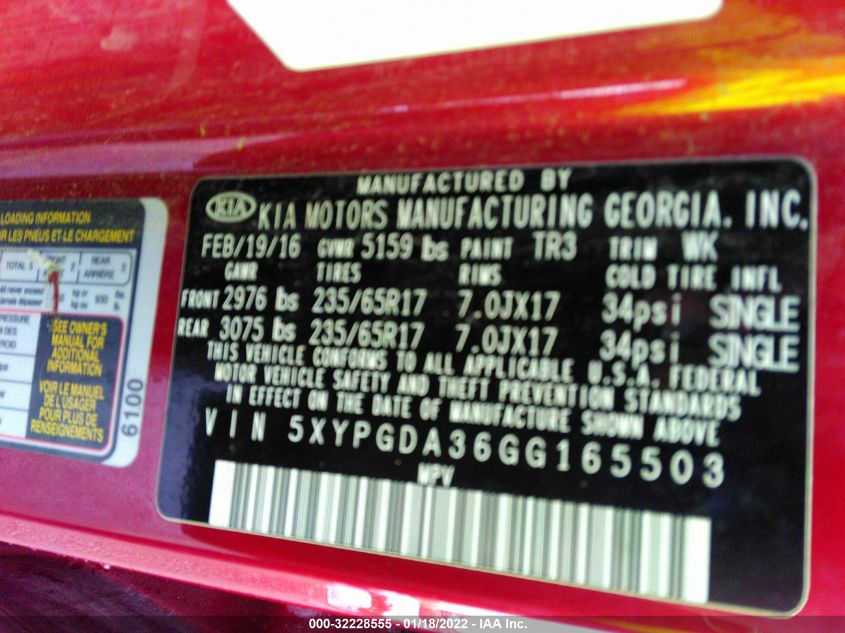 2016 KIA SORENTO LX 5XYPGDA36GG165503