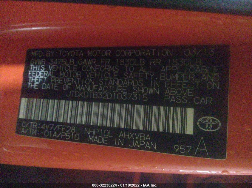 2013 TOYOTA PRIUS C ONE/TWO/THREE/FOUR JTDKDTB32D1037315