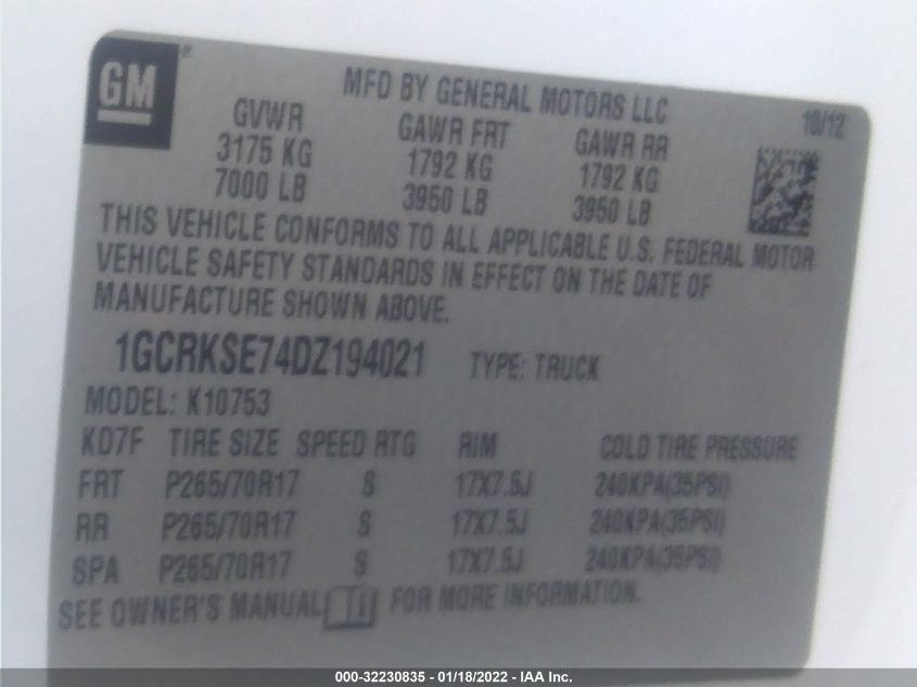 2013 CHEVROLET SILVERADO 1500 LT 1GCRKSE74DZ194021