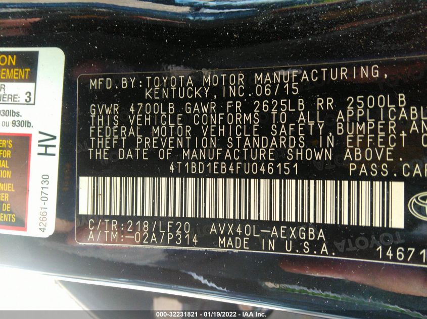 2015 TOYOTA AVALON HYBRID XLE PREMIUM 4T1BD1EB4FU046151