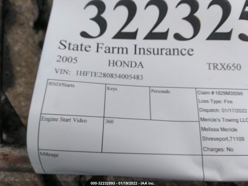 2005 HONDA TRX650 FA 1HFTE280854005483