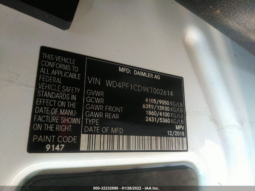 2019 MERCEDES-BENZ SPRINTER VAN WD4PF1CD9KT002614