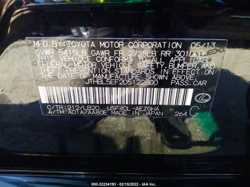 2013 LEXUS LS 460 JTHBL5EF2D5122800