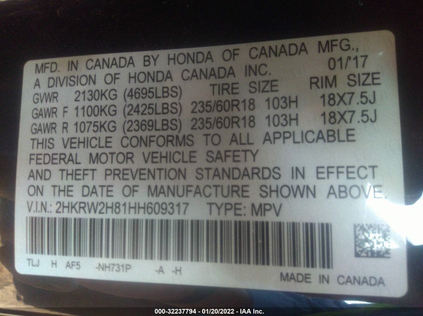 2017 HONDA CR-V EX-L 2HKRW2H81HH609317