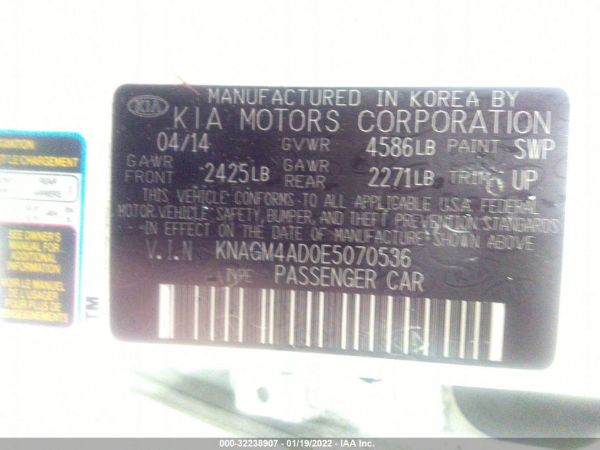 2014 KIA OPTIMA HYBRID LX KNAGM4AD0E5070536