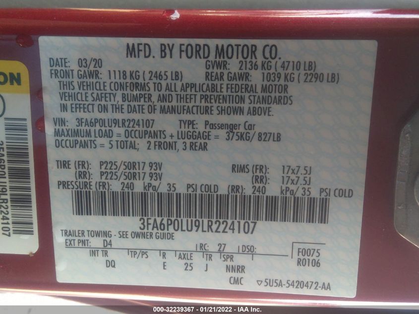 2020 FORD FUSION HYBRID SE 3FA6P0LU9LR224107