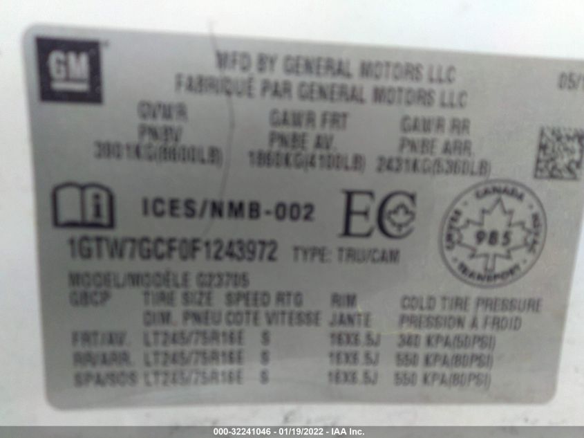 2015 GMC SAVANA CARGO VAN 1GTW7GCF0F1243972