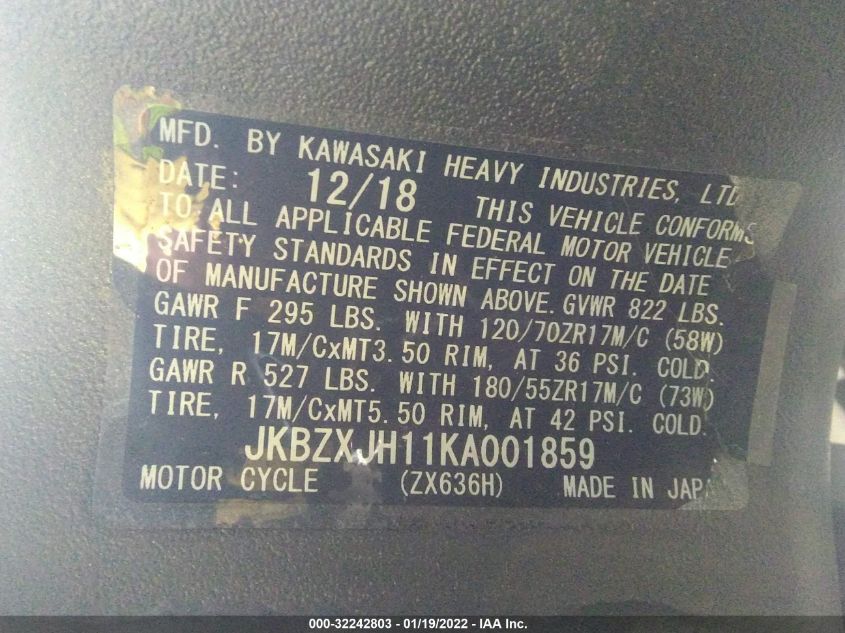 2019 KAWASAKI ZX636 K JKBZXJH11KA001859