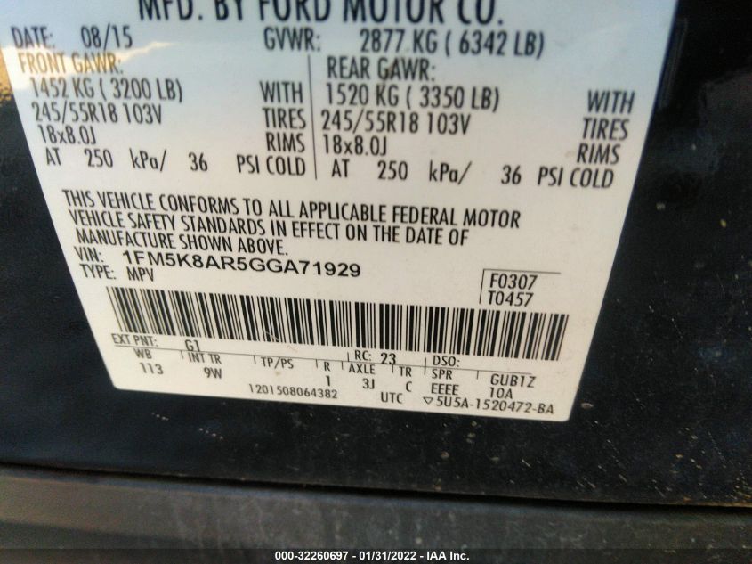 2016 FORD UTILITY POLICE 1FM5K8AR5GGA71929
