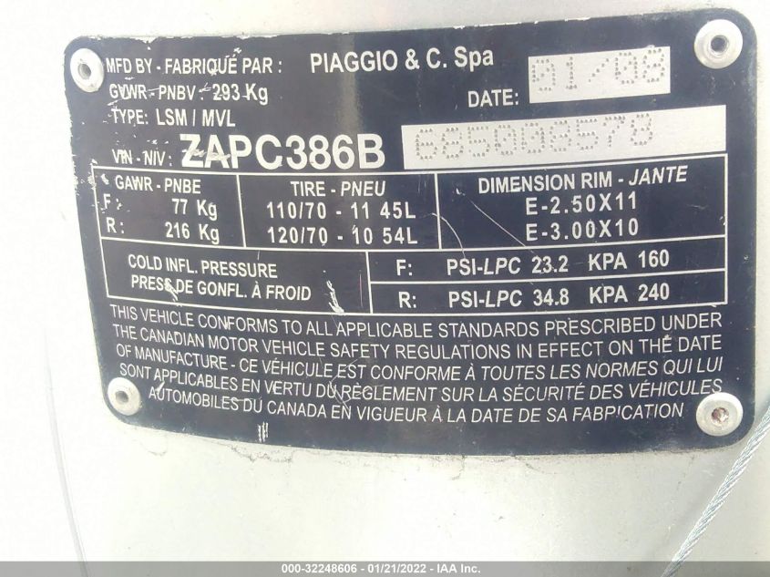 2008 VESPA LX 50 ZAPC386B685008578