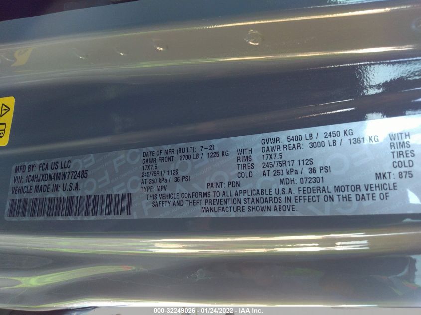 2021 JEEP WRANGLER UNLIMITED SPORT S 1C4HJXDN4MW772485