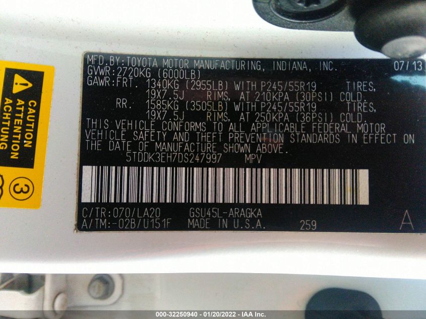 2013 TOYOTA HIGHLANDER LIMITED 5TDDK3EH7DS247997