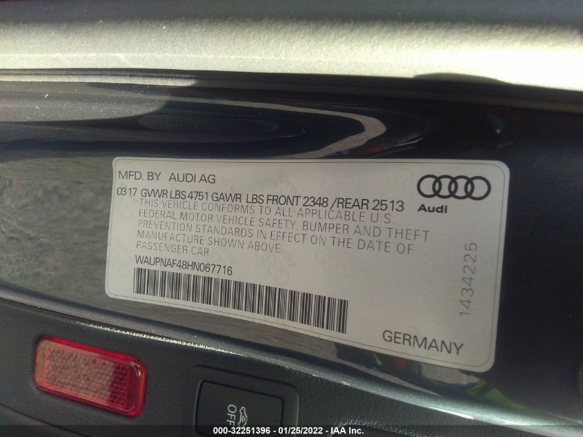 2017 AUDI A4 PREMIUM PLUS WAUPNAF48HN067716