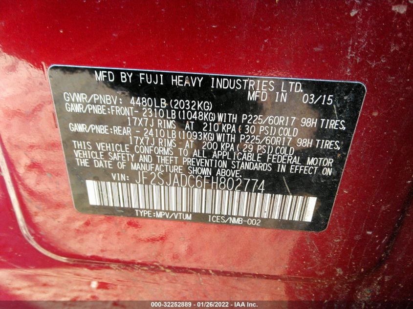 2015 SUBARU FORESTER 2.5I PREMIUM JF2SJADC6FH802774