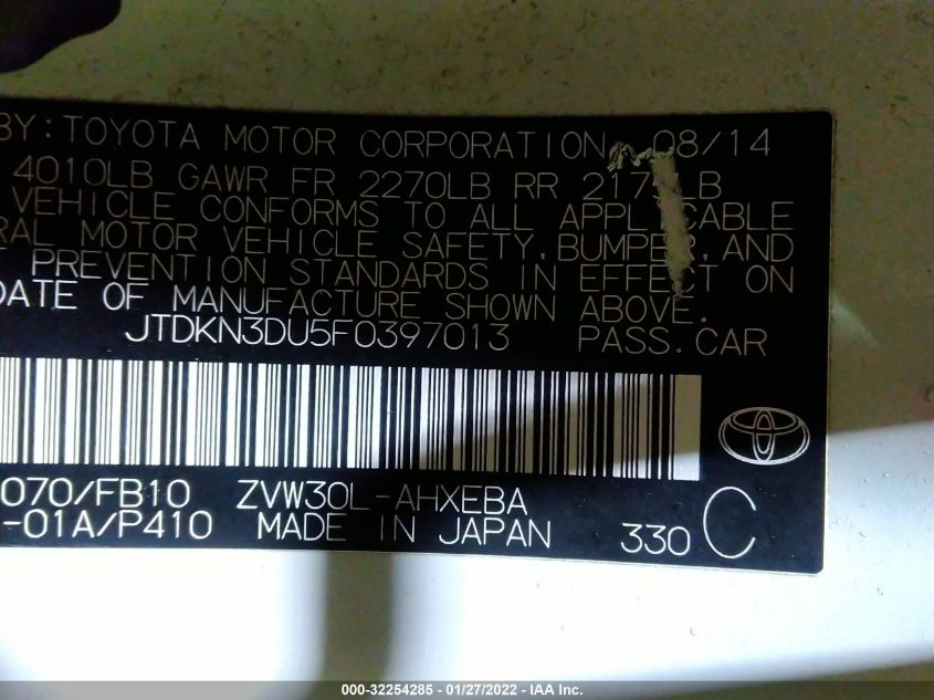 2015 TOYOTA PRIUS FOUR JTDKN3DU5F0397013