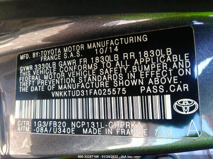 2015 TOYOTA YARIS LE VNKKTUD31FA025575