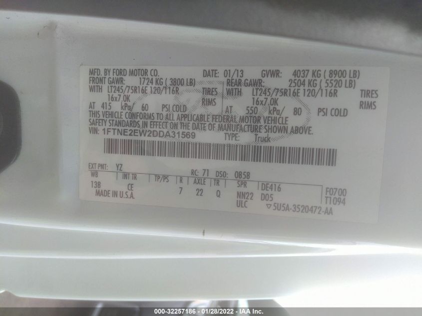 2013 FORD ECONOLINE CARGO VAN COMMERCIAL/RECREATIONAL 1FTNE2EW2DDA31569