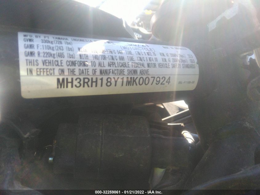 2021 YAMAHA YZFR3 A MH3RH18Y1MK007924
