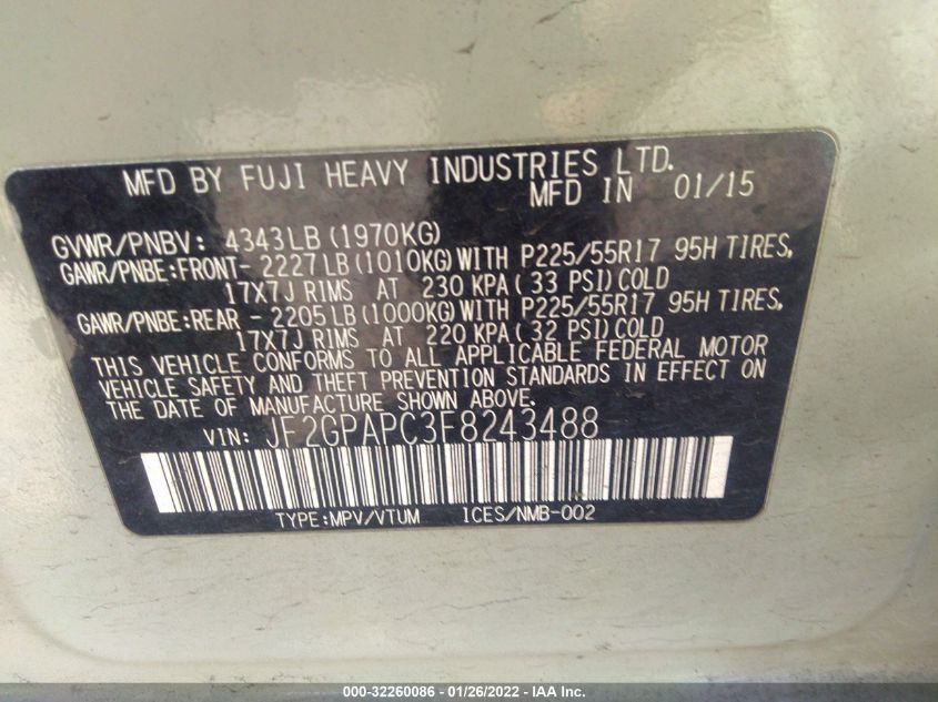 2015 SUBARU XV CROSSTREK LIMITED JF2GPAPC3F8243488