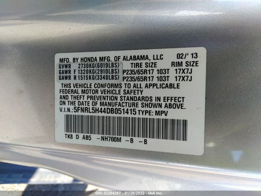 2013 HONDA ODYSSEY EX 5FNRL5H44DB051415