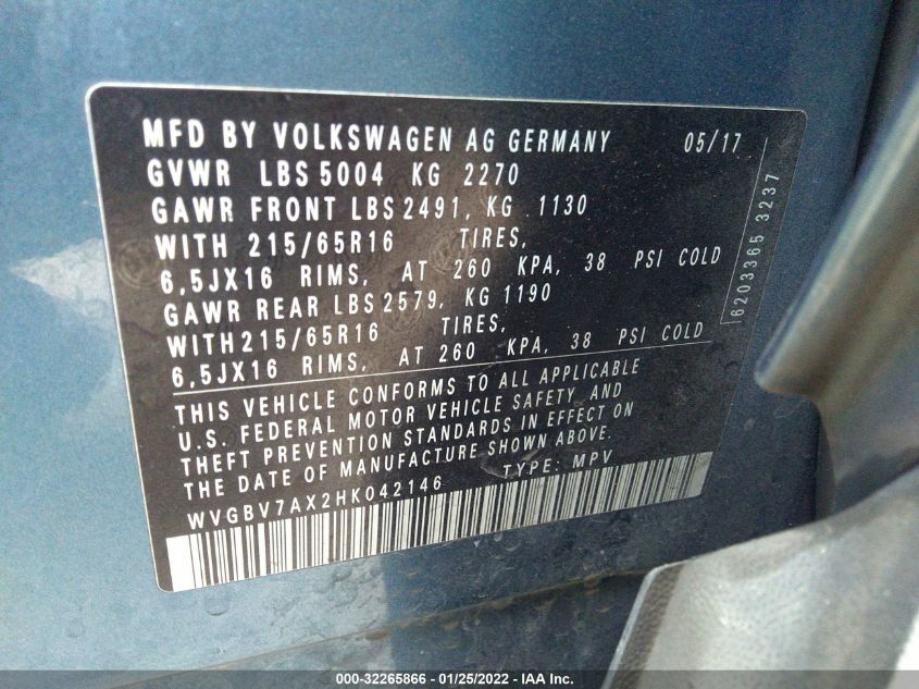 2017 VOLKSWAGEN TIGUAN S WVGBV7AX2HK042146