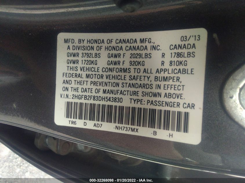 2013 HONDA CIVIC SDN EX 2HGFB2F83DH543830