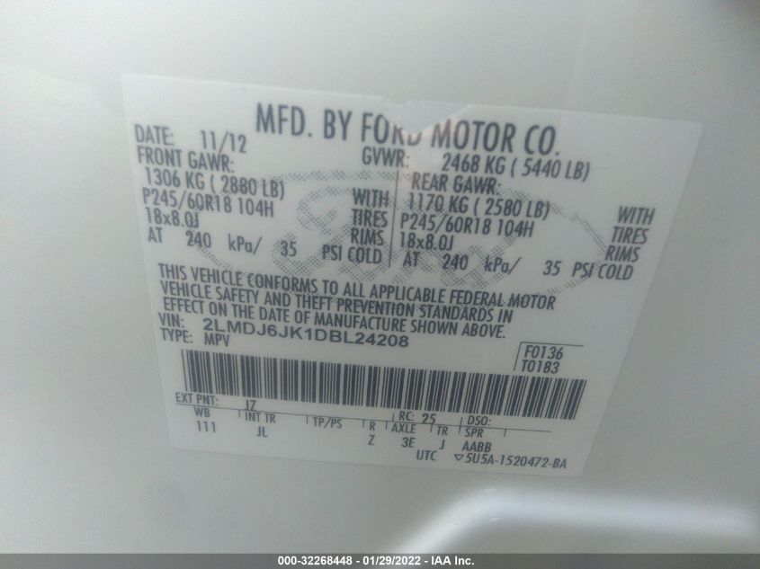 2013 LINCOLN MKX 2LMDJ6JK1DBL24208