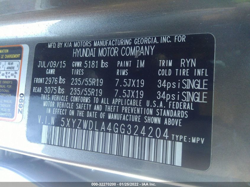 2016 HYUNDAI SANTA FE SPORT 5XYZWDLA4GG324204