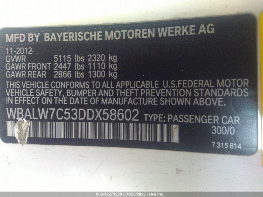 2013 BMW 6 SERIES 640I WBALW7C53DDX58602