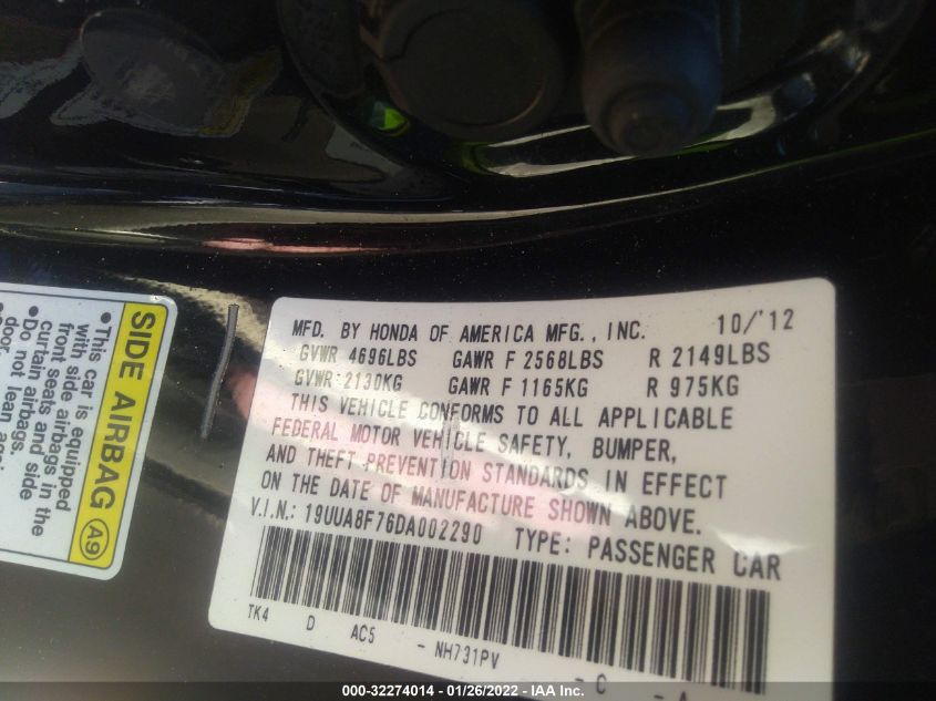 2013 ACURA TL ADVANCE 19UUA8F76DA002290