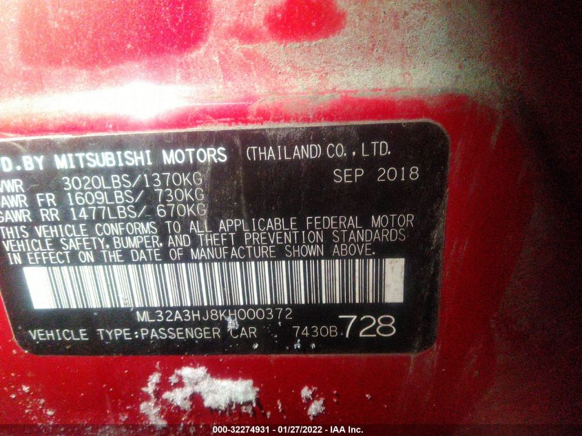 2019 MITSUBISHI MIRAGE ES/RF ML32A3HJ8KH000372