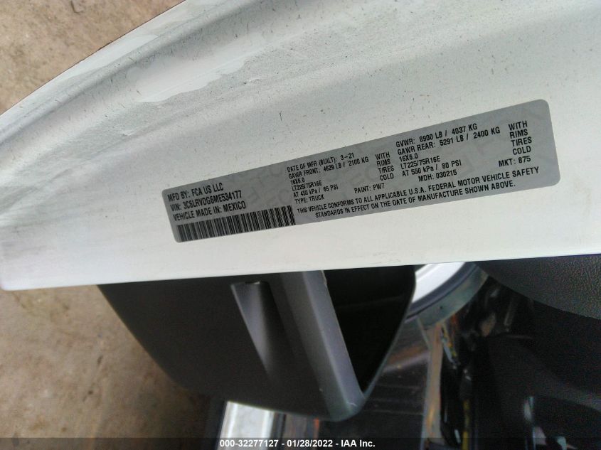 2021 RAM PROMASTER CARGO VAN 3C6LRVDG6ME534177