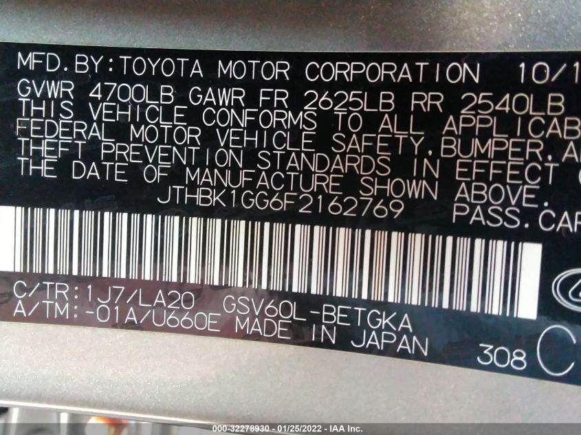 2015 LEXUS ES 350 JTHBK1GG6F2162769