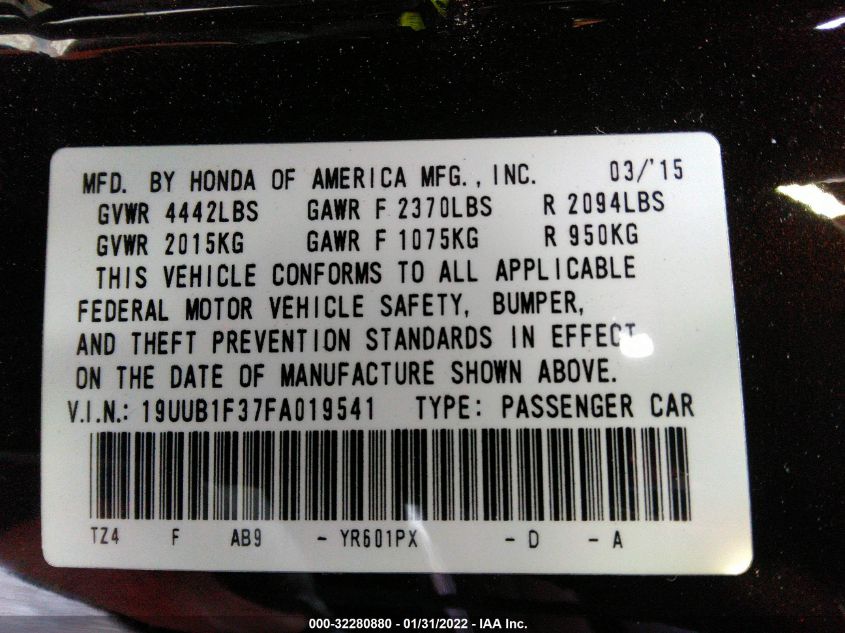 2015 ACURA TLX 19UUB1F37FA019541